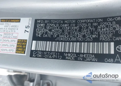 2008 Toyota Prius z USA, uszkodzony, nr VIN JTDKB20U887801263